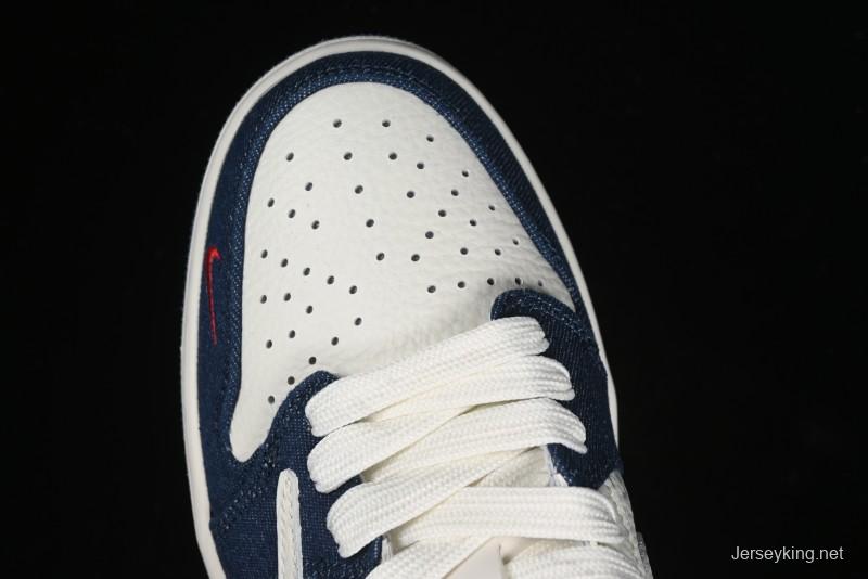 Nike Travis Scott x Fragment Design x Air Jordan 1 Low OG SP AJ1 Levi's Collaboration - White Blue Canvas Low Top Casual Sneakers - JH6088-605