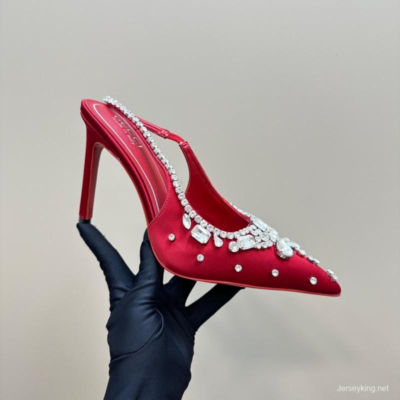 2025 Women Gucci Red Silk Rhinestone Embellished Heels KFY00340