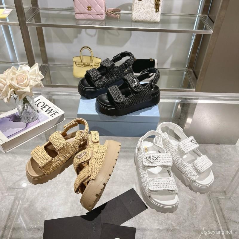 2025 Women Prada Beige Woven Leather Platform Sandals