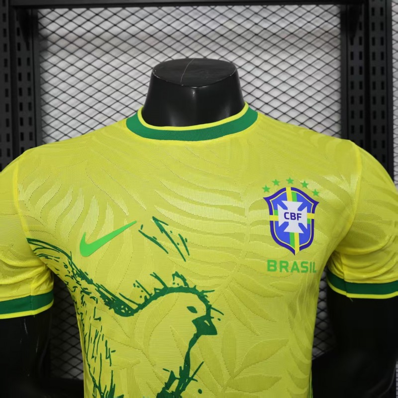 Player Version 2025 Brazil Yellow with Green Animal Pattern Jersey