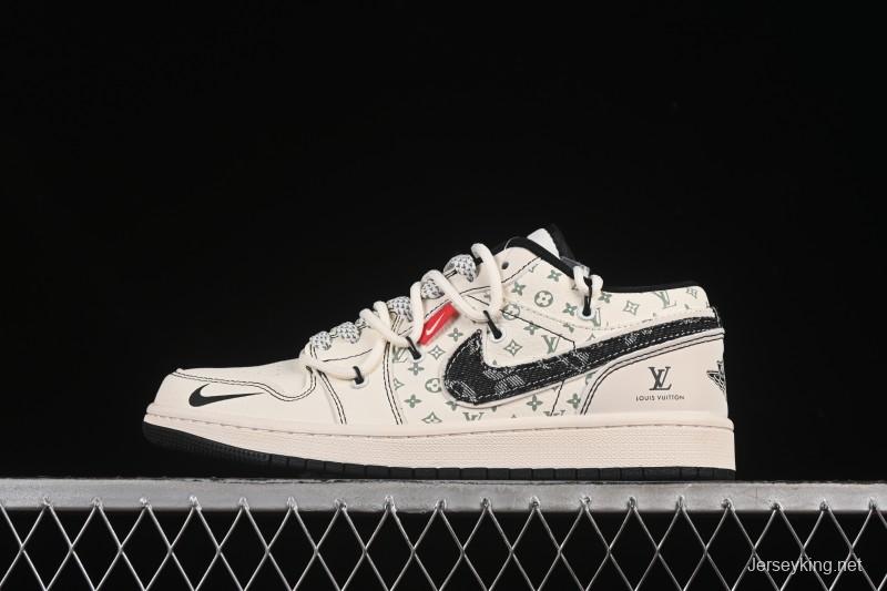 Nike Air Jordan 1 Low AJ1 Black Fabric Swoosh Drawstring High-End Custom Low-Top Retro Basketball Shoes - YX5066-356