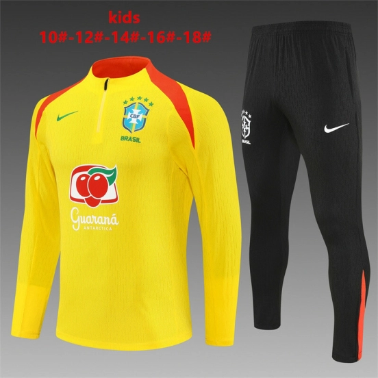 Player Version 25/26 Kids Brazil Yellow Half Zipper Jacket+Long Pants