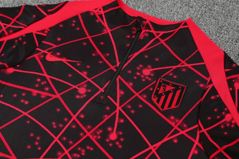 25/26 Atletico Madrid Black with Red Geometric Lines Pattern Half Zipper Jacket Tracksuit +Long Pants