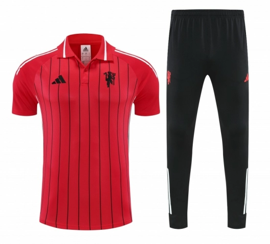 26/27 Manchester United  Red Stripes  Polo Training Shirt + Long Pants Tracksuit