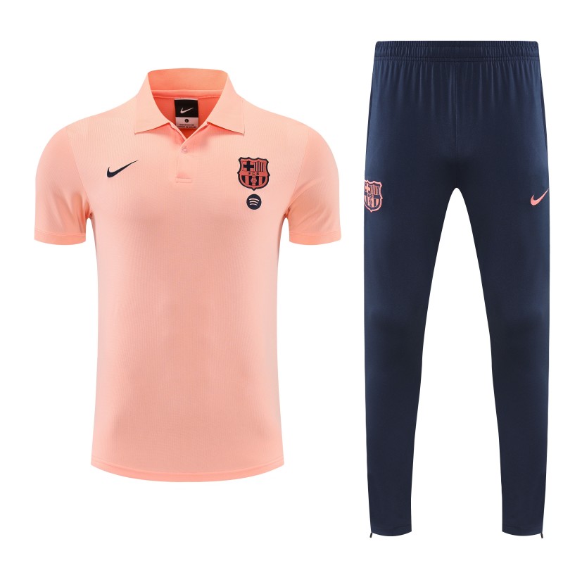26/27  Barcelona Salmon Pink  Polo Training Shirt + Navy Blue Long Pants Tracksuit