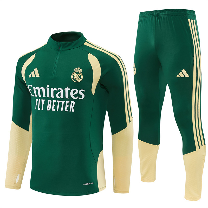 2026 Real Madrid Green & Cream  Half Zipper Jacket Tracksuit + Long Pants