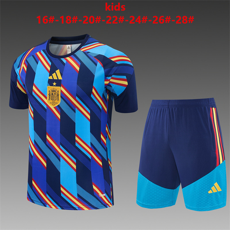 2026 Kids Spain Navy Blue Multi-Color Diagonal Stripe Short Sleeve+Soccer Shorts