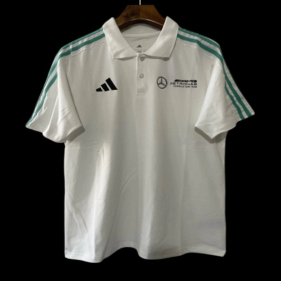 2025 F1 Mercedes-AMG Petronas Formula One Team White with Turquoise Three Stripes Polo Shirt