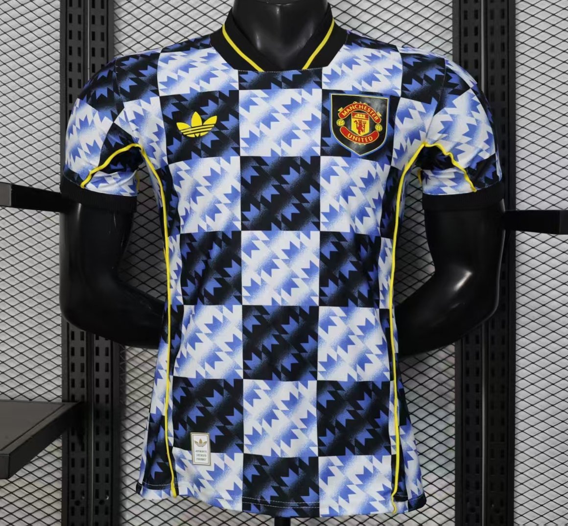 25/26 Player Version  Manchester United Blue and Black with Checkerboard Houndstooth Pattern Jersey