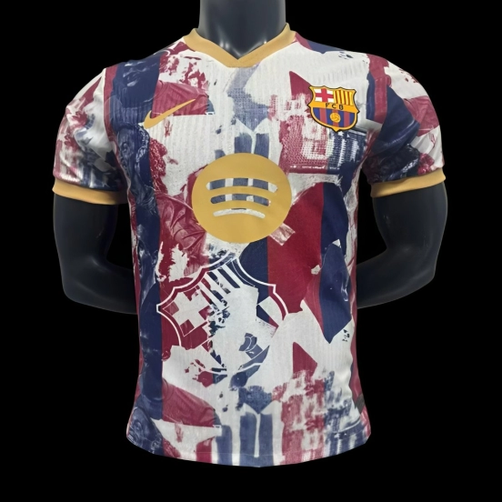 Player Version 25/26 Barcelona White with Abstract Blaugrana Brushstroke Print and Gold Trim Jersey