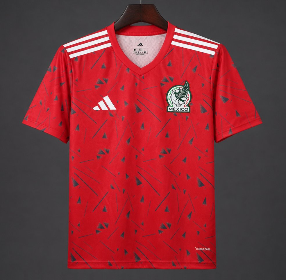 2026 Mexico Red Soccer Jersey with Green Geometric Triangles and Stripe